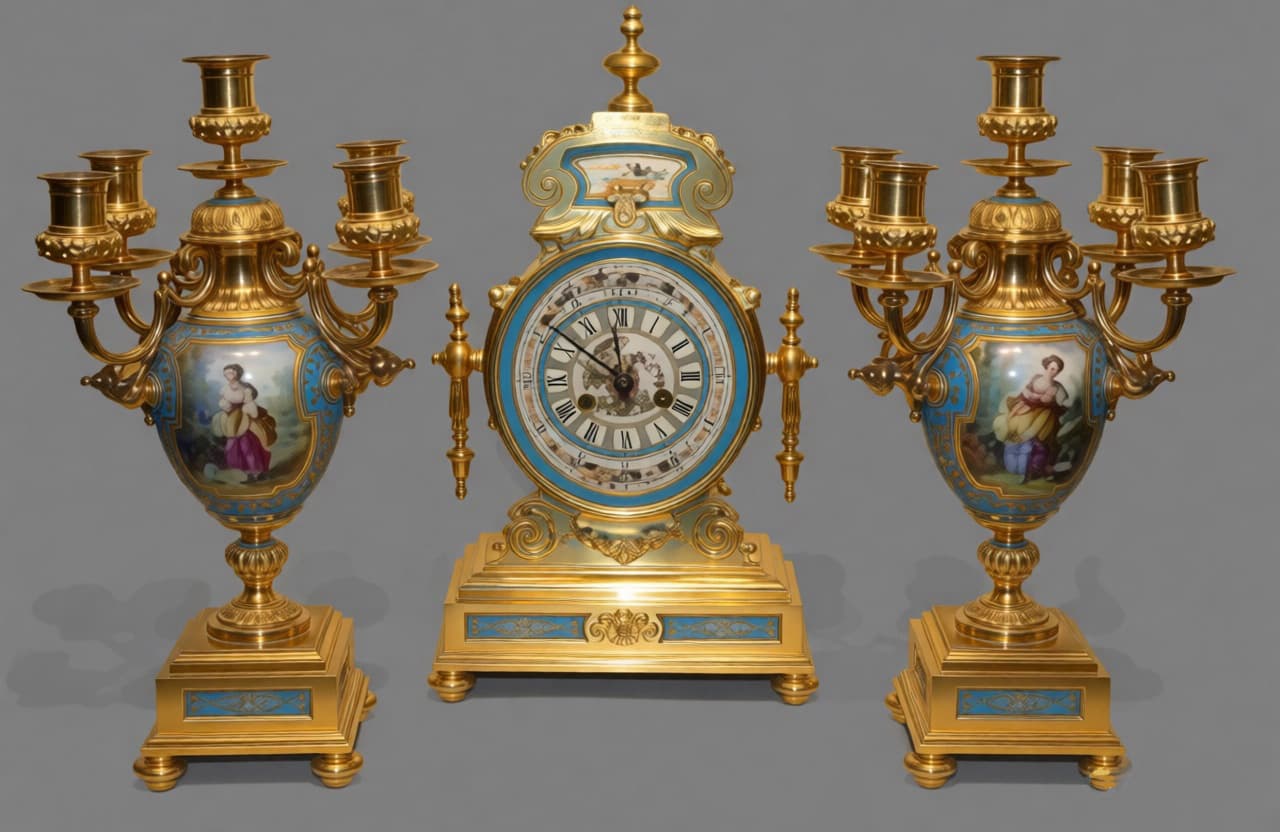 Часы каминные с канделябрами на 5 свечей, Антикварная бронза, Антикварные часы