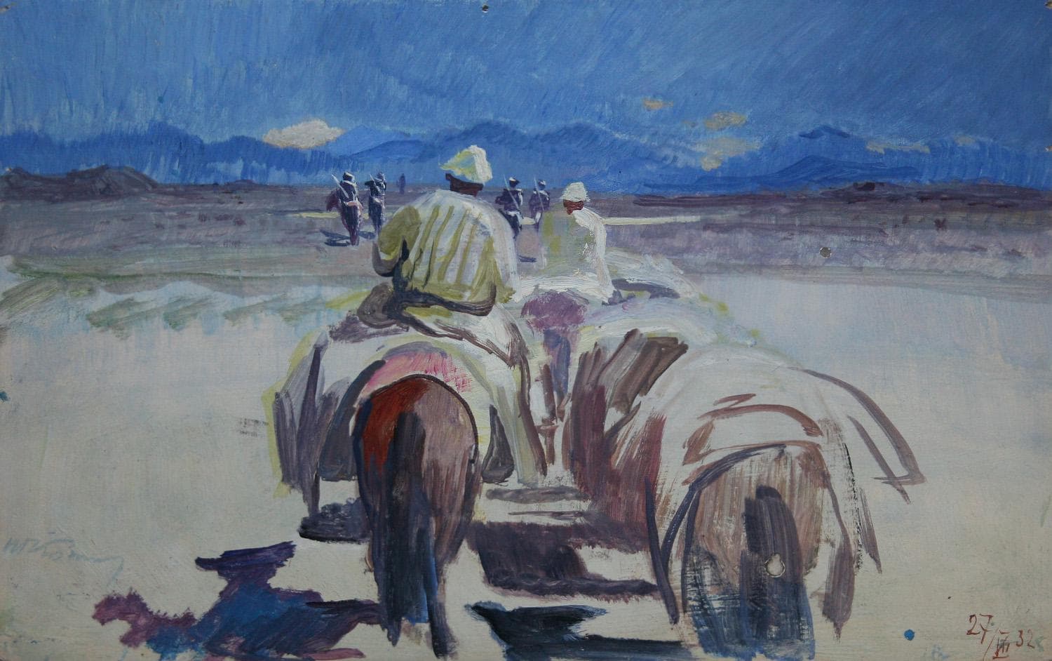 "Караван в походе на реку Ак-Су" - Антикварная живопись, картины